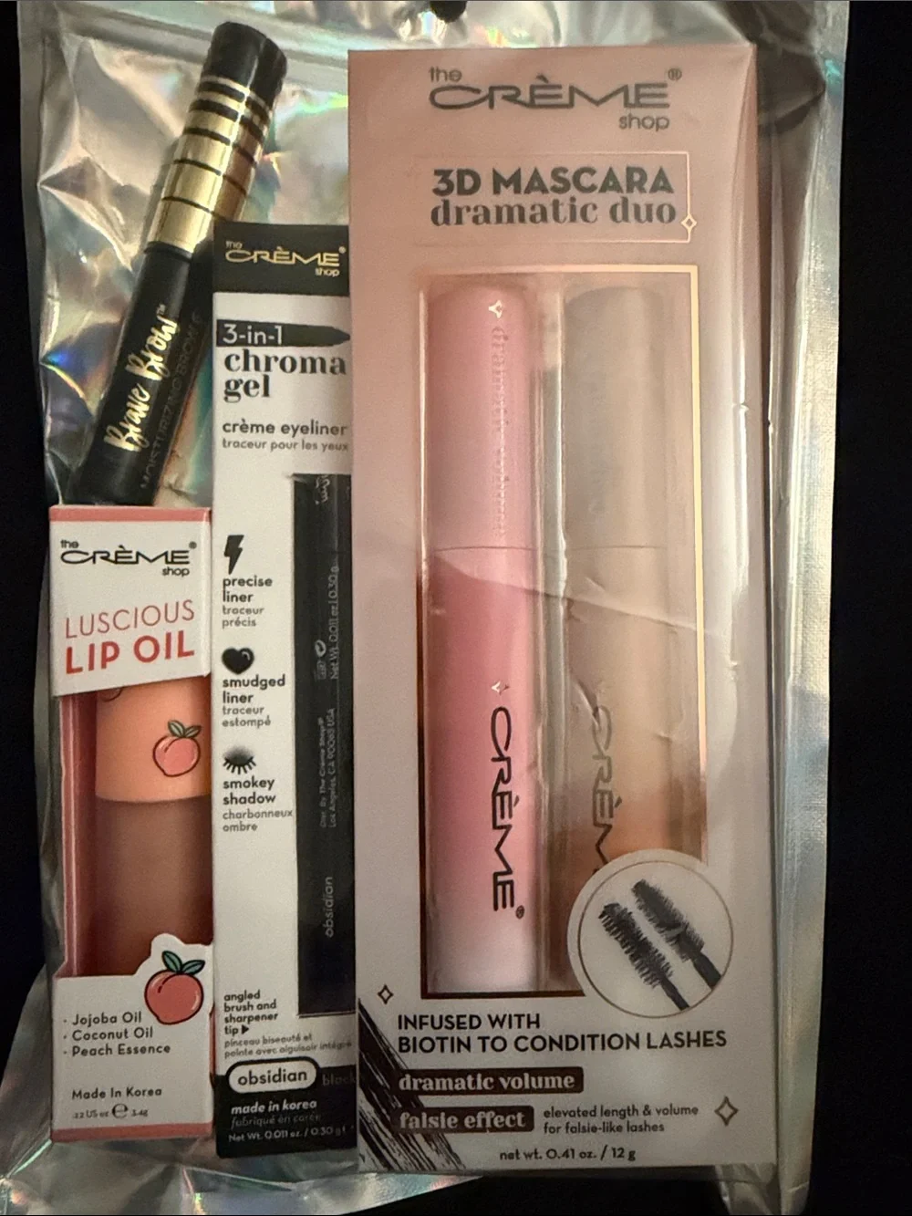 The Crème Shop 3D Mascara Dramatic Duo+Luscious Lip Oil-Mask & Eyeliner+Brow Gel